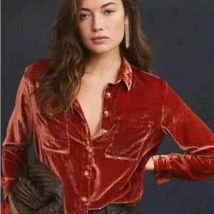 Anthropologie Holding Horses Rust Large Crushed Velvet Button Down Shirt